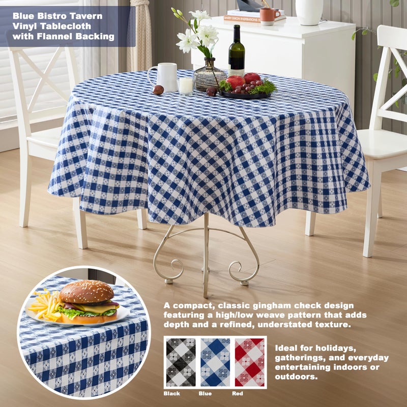Newbridge 70 Inch Round Vinyl Tablecloth with Flannel Backing, Bistro Tavern Check, CafÃ© Checkered Indoor Outdoor Vinyl Table Cover for Picnic, Barbecue and Patio Dining, Blue - Image 2